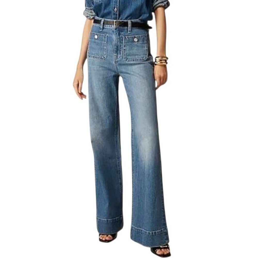 J Crew Sailor Denim Trouser Wide Leg Jeans Medium Wash Button Patch Pockets 28